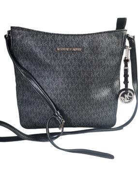 Michael Kors Black MK Logo Crossbody Bag Purse Adjustable Strap Silver Tone